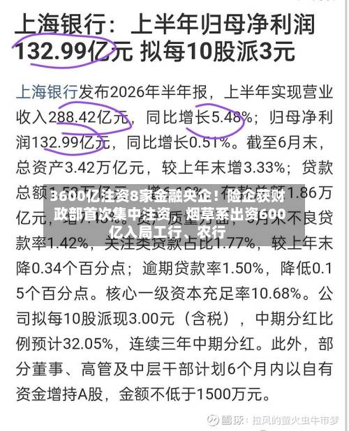 3600亿注资8家金融央企！险企获财政部首次集中注资，烟草系出资600亿入局工行	、农行-第2张图片