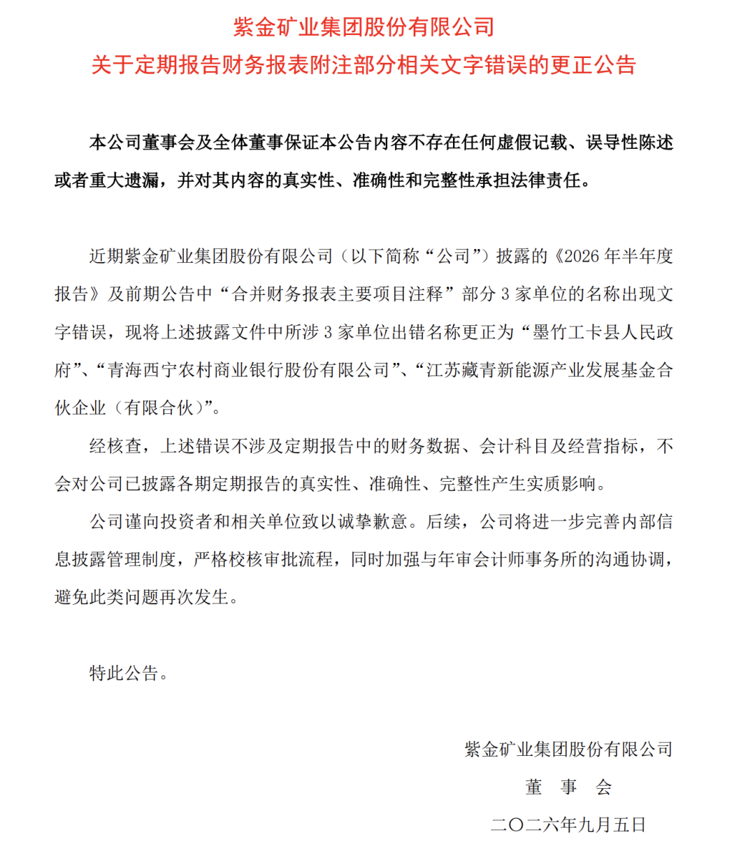 “县人民政府	”写成“县人民币政府”，“新能源”写成“新熊源	”，紫金矿业道歉
